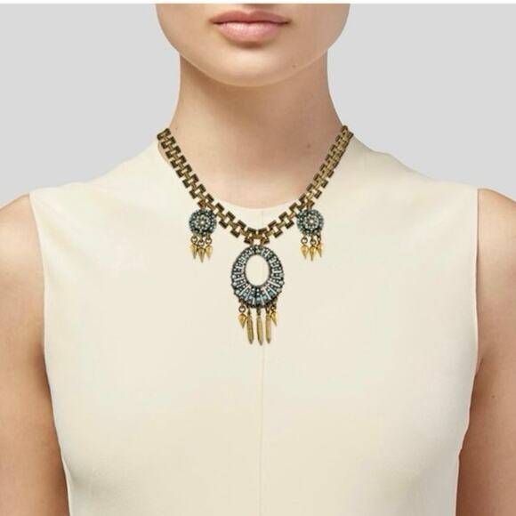 Lulu Frost Designer Signed Blue Crystal Chunky Statement Gold Tone Necklace - Picture 3 of 10